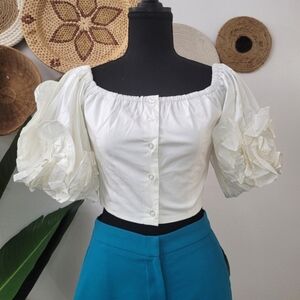 Puff Ruffled white crop top- Small